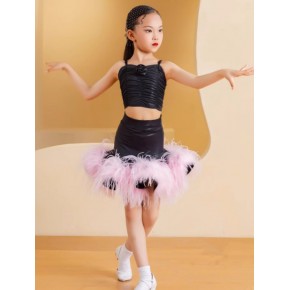 Girls light pink feather latin dance dresses ballroom modern dance junior salsa party stage performance outfits for kids